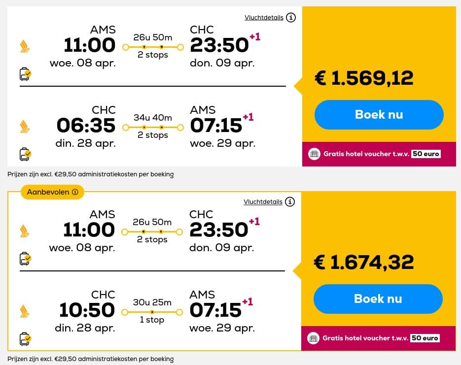 Mooie retourvlucht van Amsterdam naar Christchurch in april 2026 voor €1569