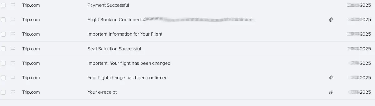 Screenshot van email communicatie van Trip na het maken van een boeking